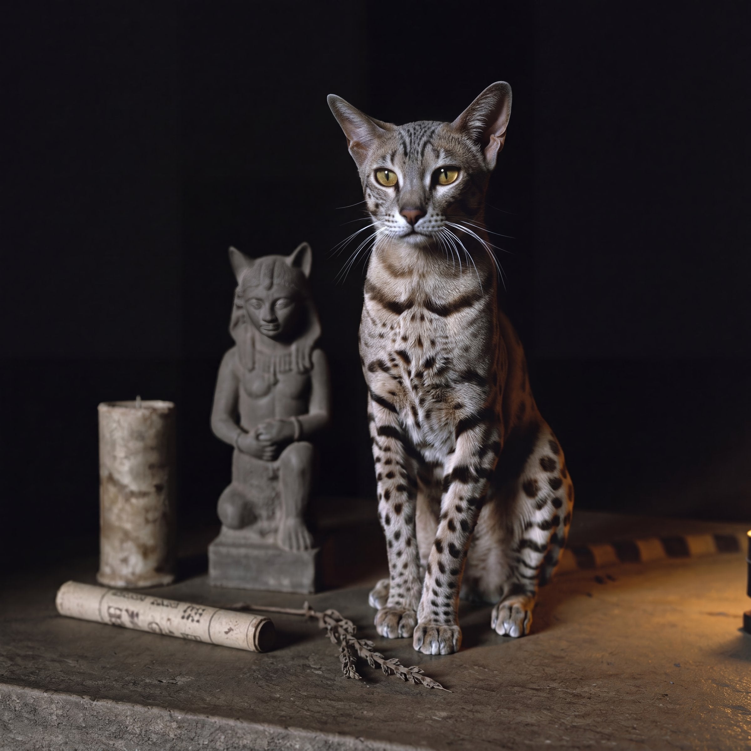 Nefret seated alone on the ancient stone altar, surrounded by ritual objects, aware of something unseen