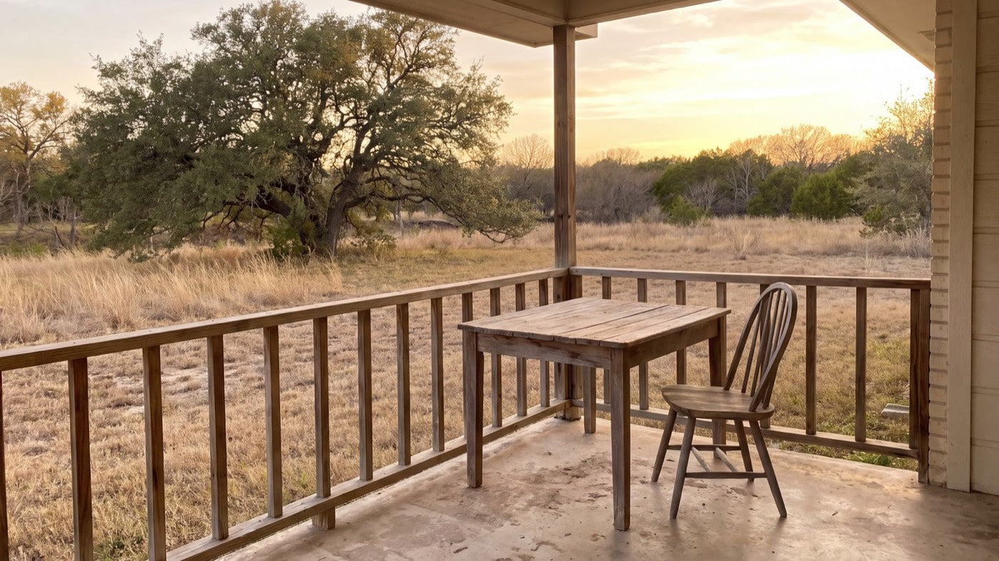 The back porch of Amara's Texas home at sunset, looking out over open land and a live oak