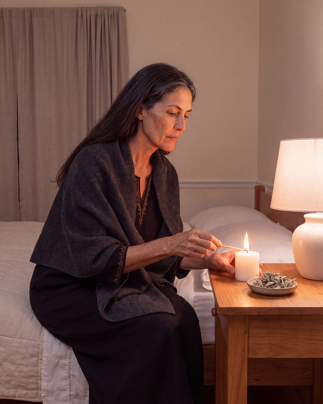 Amara lighting a candle at her bedside by lamplight