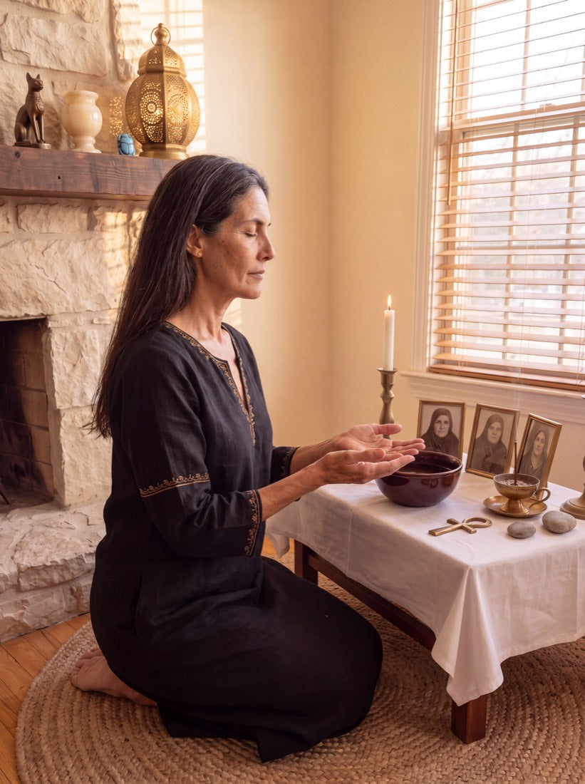 Amara kneeling at her altar at sunrise, palms open over a bowl of water