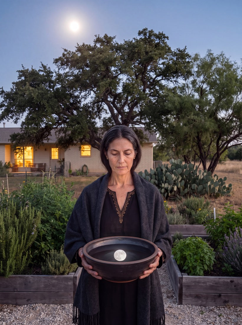 Amara in her garden holding a bowl of water that reflects the full moon