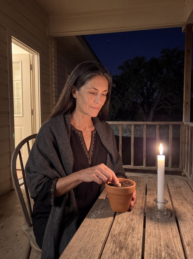 Amara on her porch at night pressing a seed into a pot beside a white candle