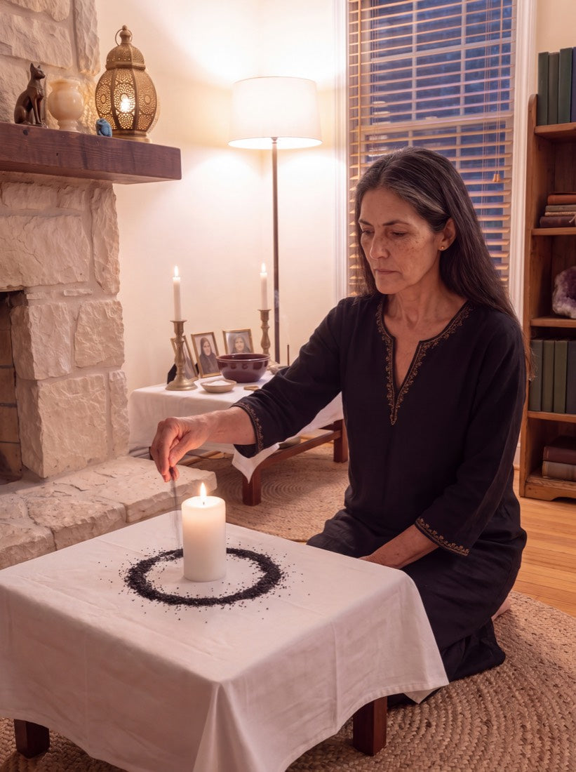 Amara closing a ring of black salt around a white candle on her altar