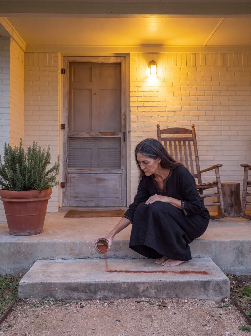 Amara laying a line of red brick dust across her front step at dusk