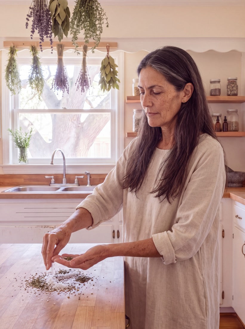 Amara gathering salt and herbs from her kitchen counter