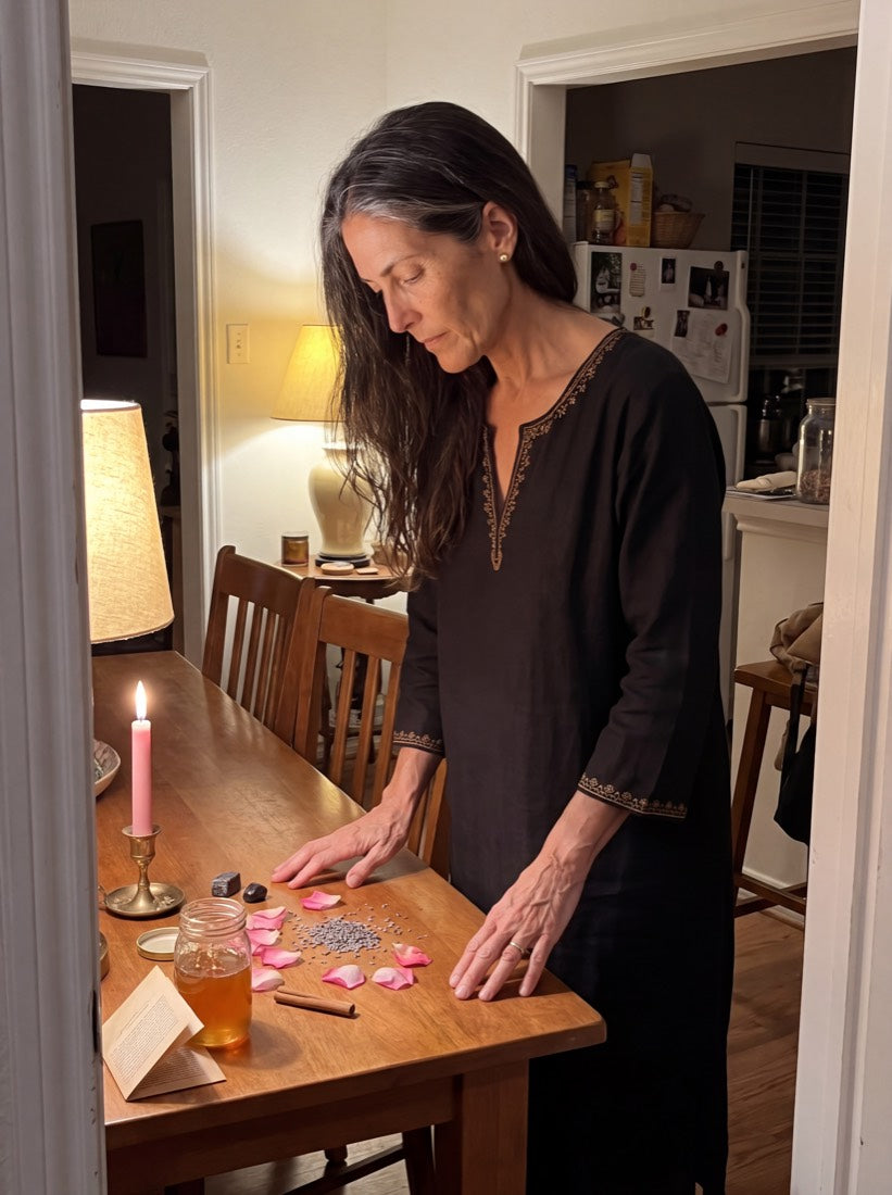 Amara at her dining table by candlelight, rose petals and a honey jar laid out
