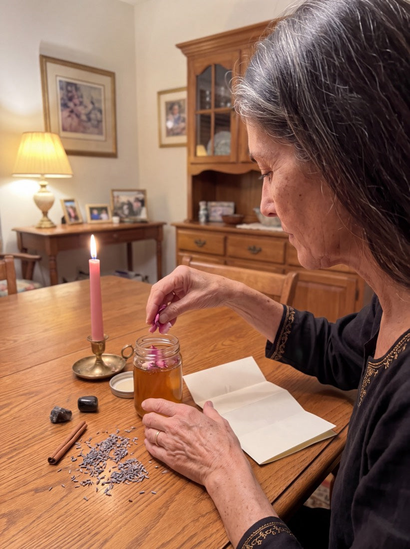 Amara dropping rose petals into a honey jar beside a pink candle