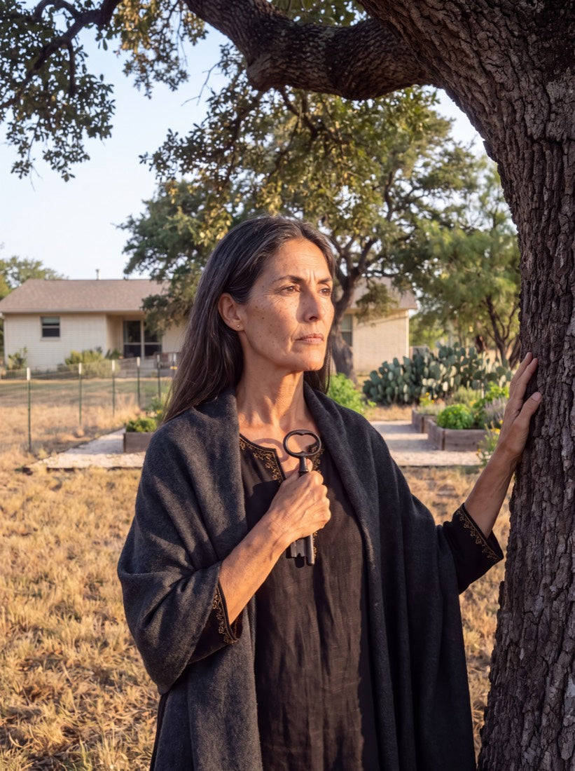 Amara under a live oak at dawn, holding an old iron key