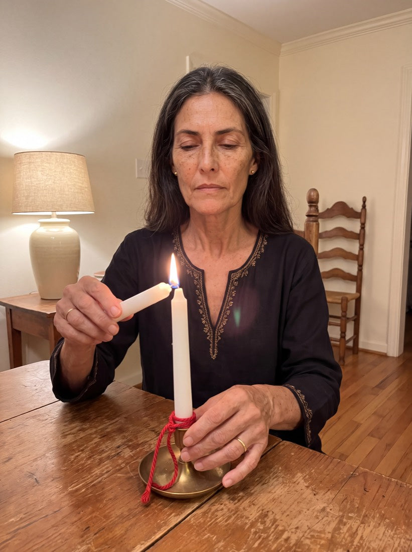 Amara lighting one candle from another, a red cord tied at its base