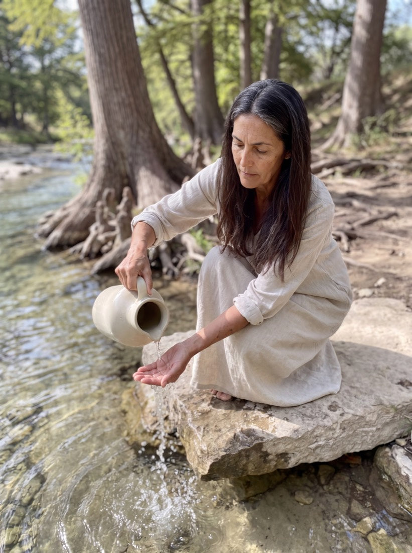 Amara kneeling at a limestone creek, pouring water over her hand