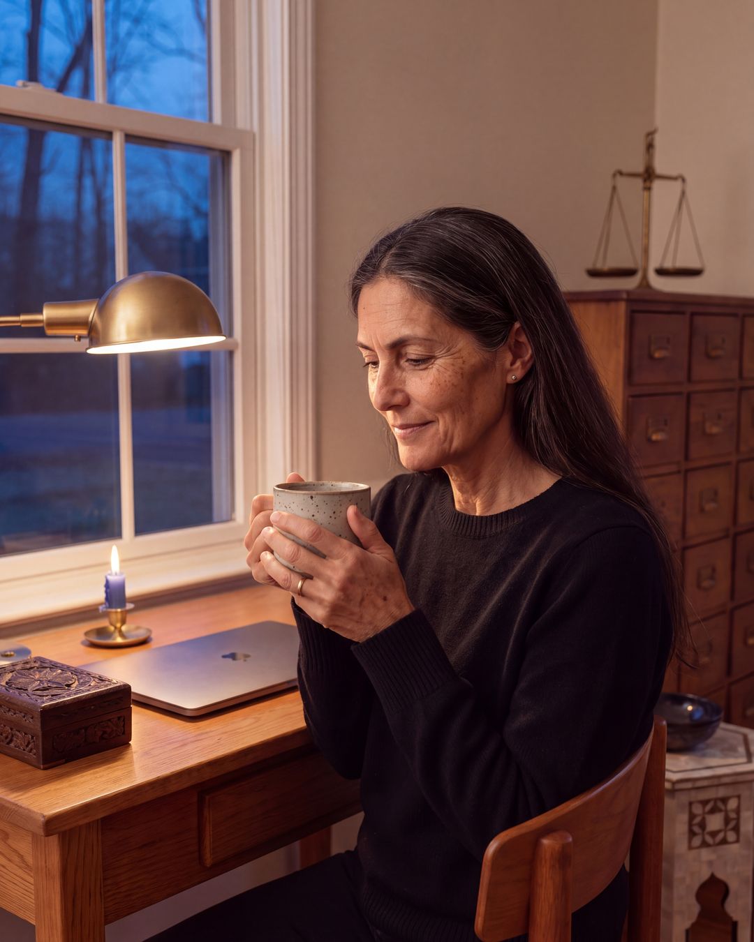 Amara at her desk by lamplight with a cup of tea, reading