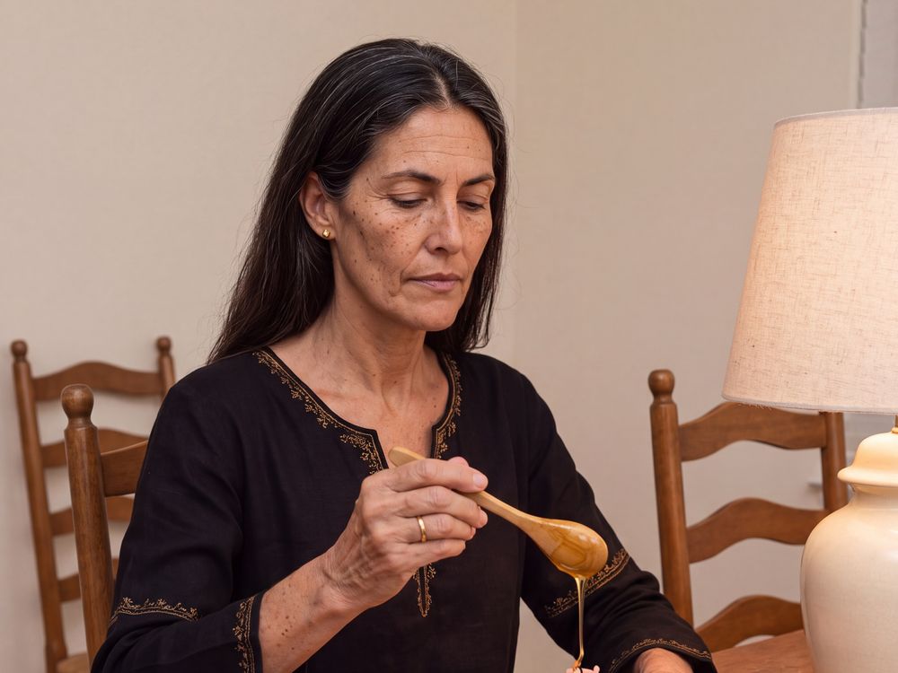 Amara dressing a pink candle with honey at her table