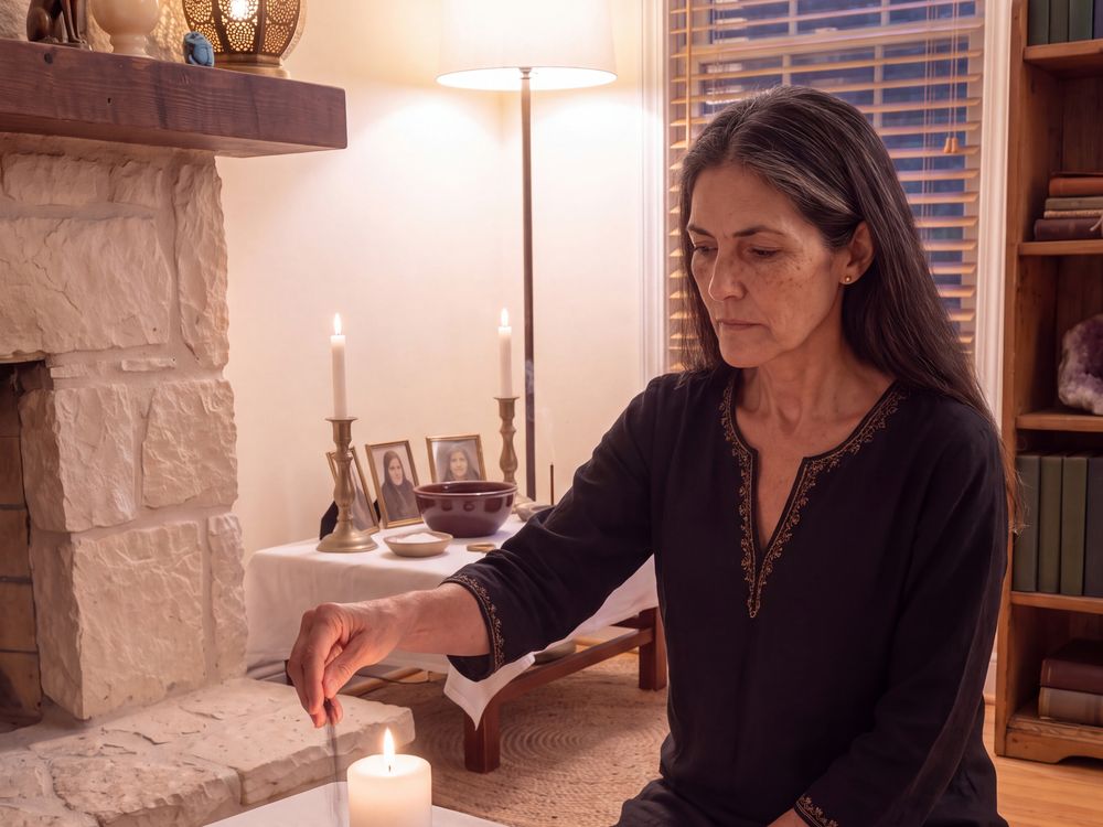 Amara lighting a candle at her altar by the hearth